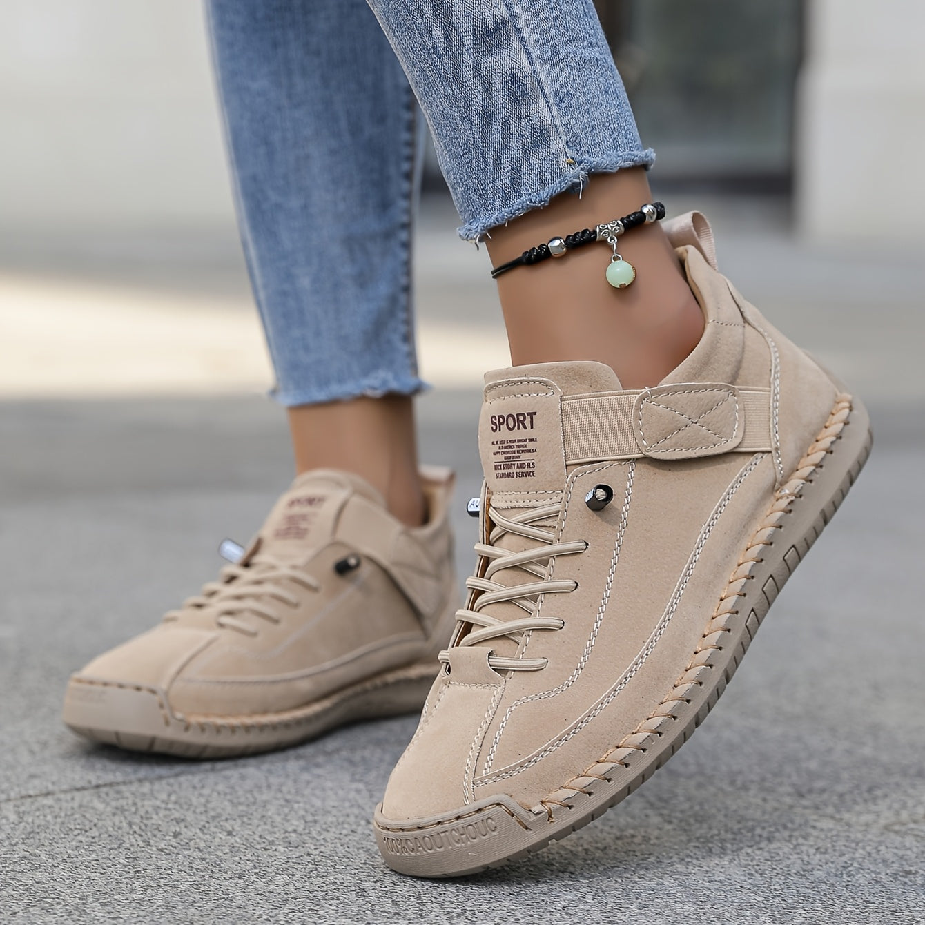 Suede Stitch Detail Lace Up Comfortable Flat Sneakers