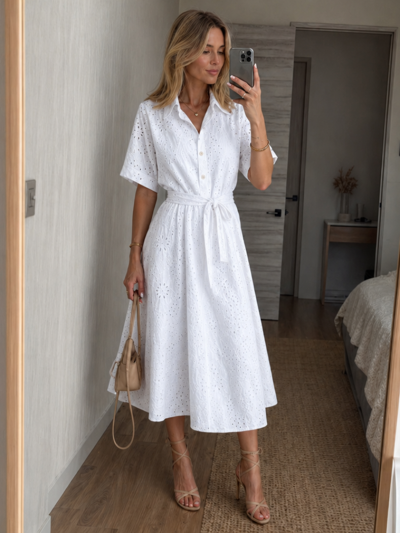 Eyelet Collared Tie Waist Shirt Midi Dress