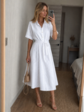 Eyelet Collared Tie Waist Shirt Midi Dress
