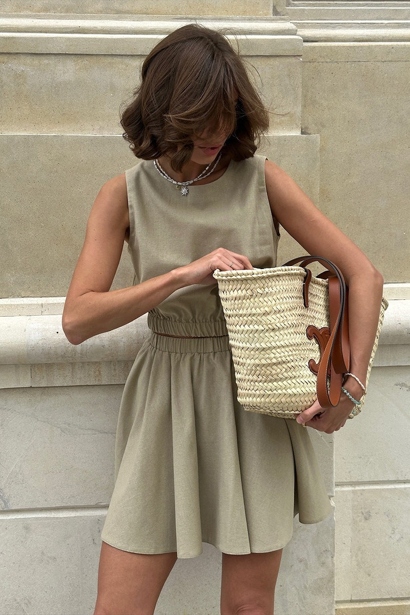 Cotton Linen Tank Pleated Skirt Set