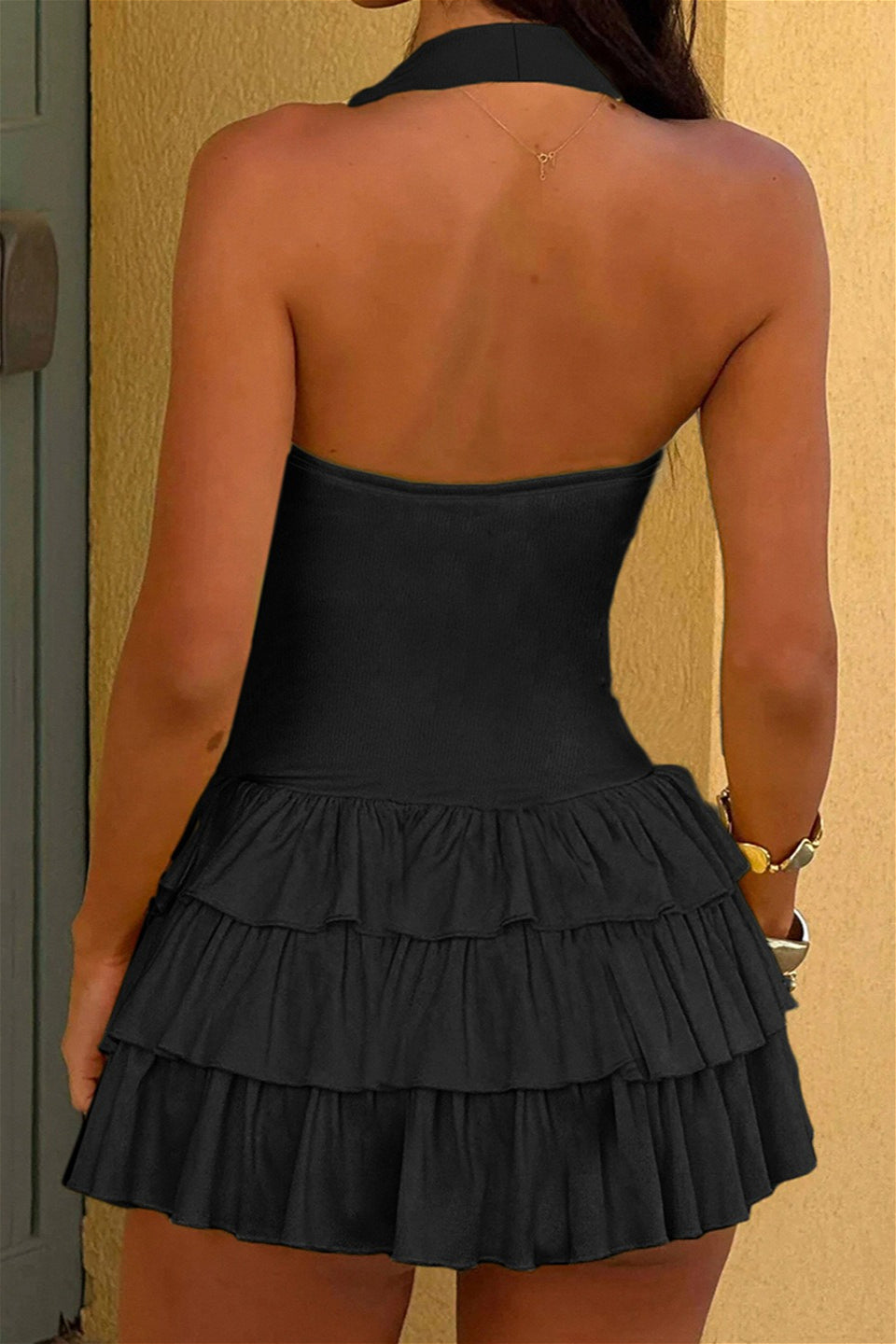 Solid Halter Neck A-Line Mini Dress
