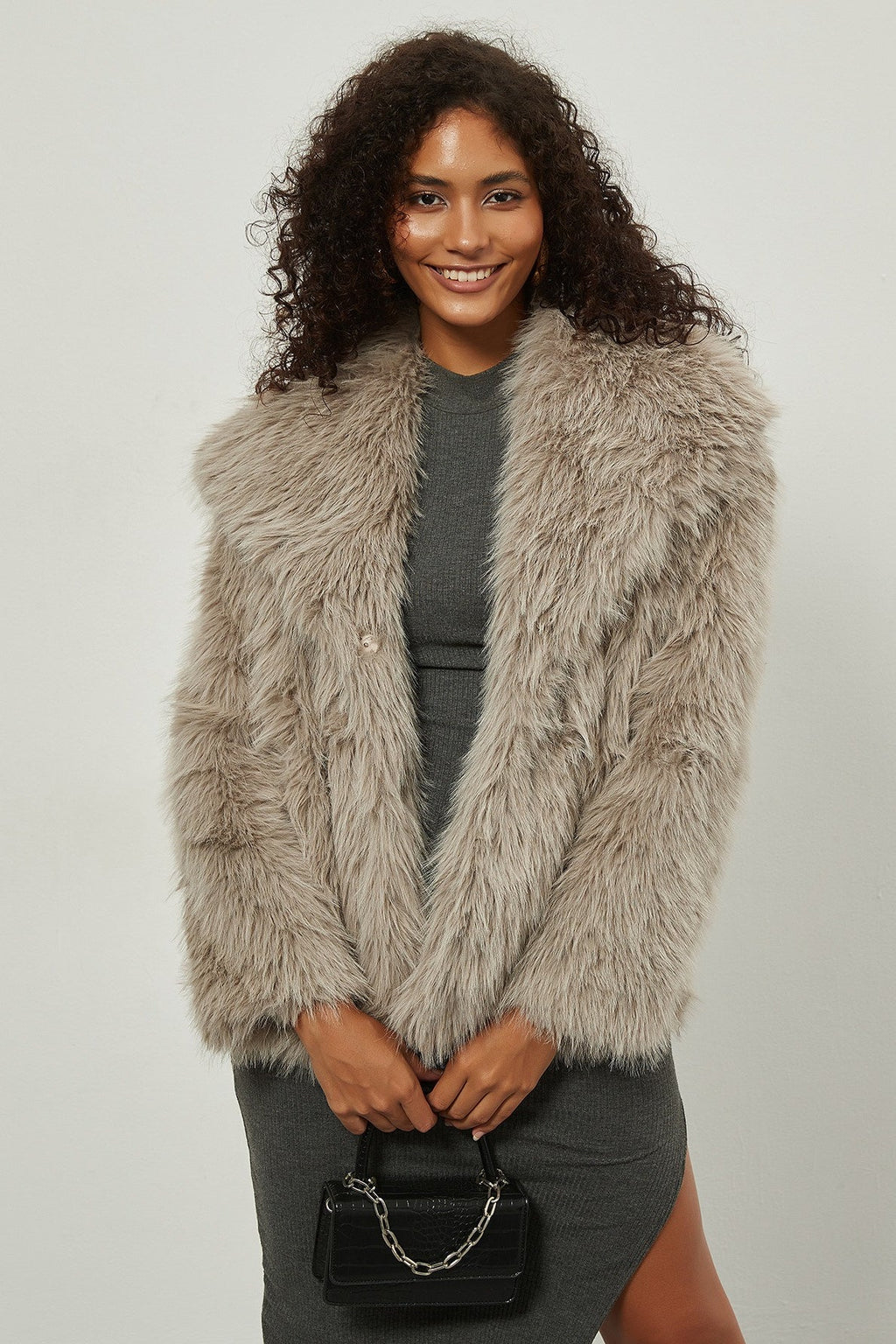 Woman wearing Notch-Lapel Faux-Fur Winter Coat from Hicosy