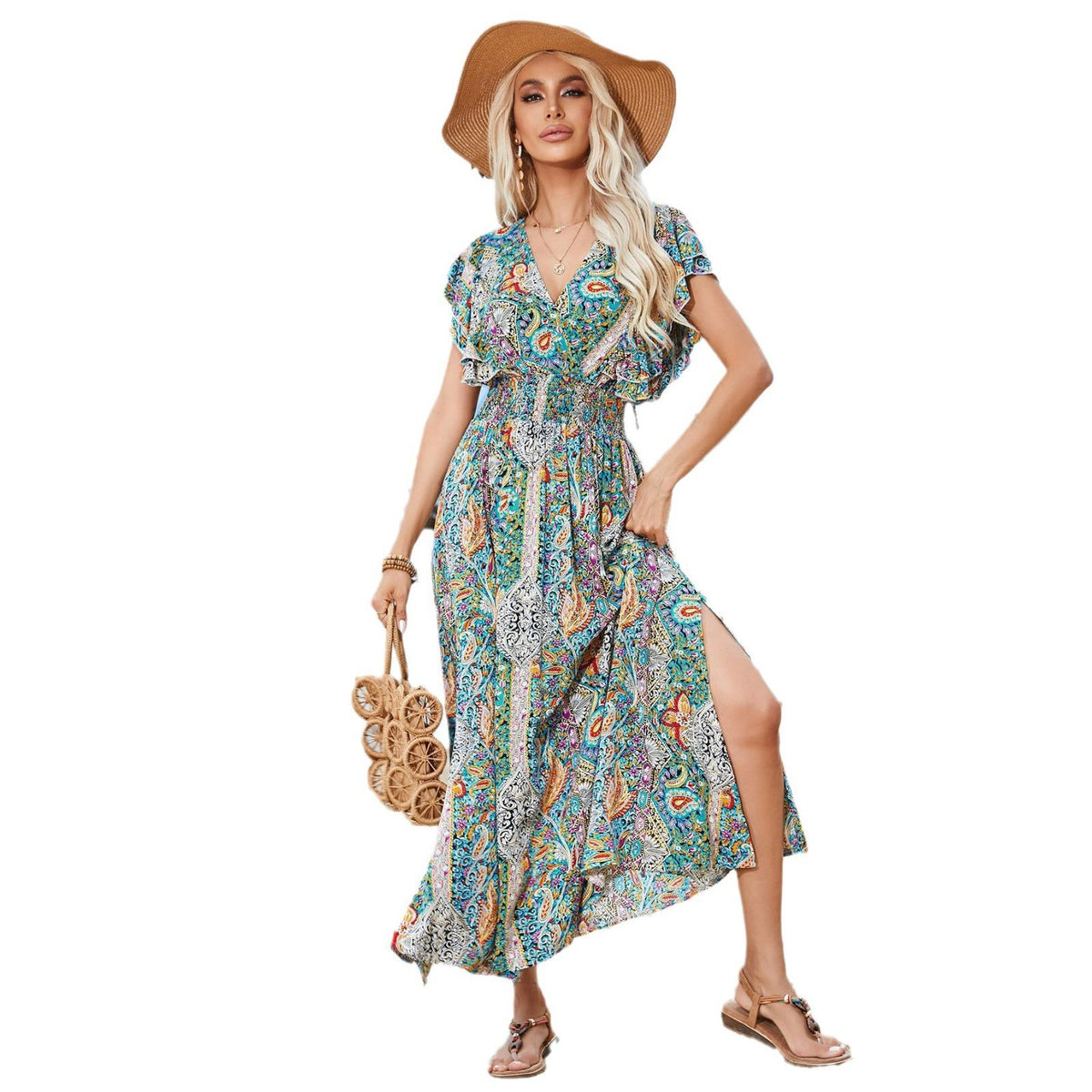 Antique Tie Up Flowery Seaside Dress