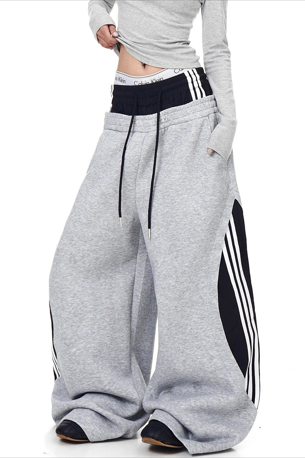 Double Waist Drawstring Stripe Pants