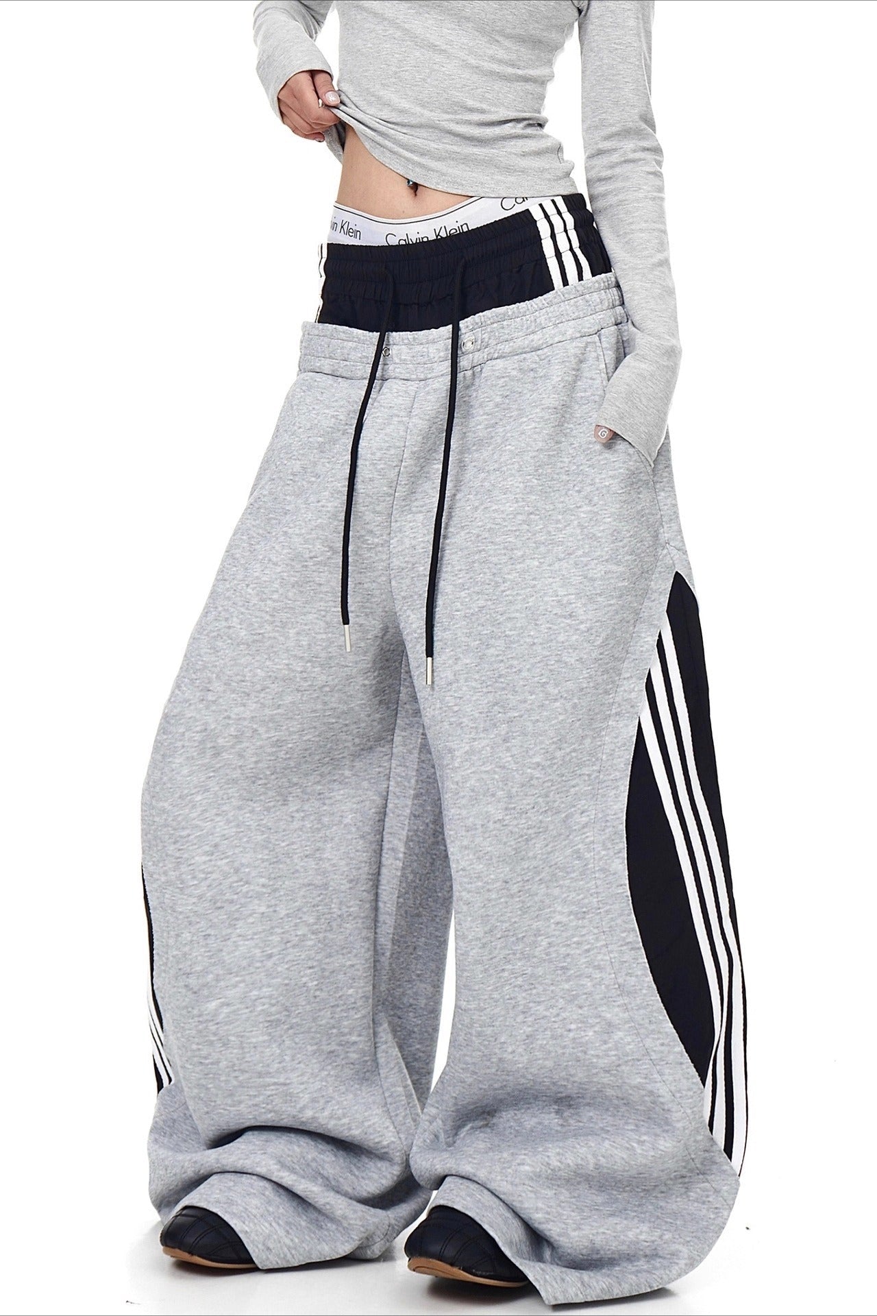 Double Waist Drawstring Stripe Pants
