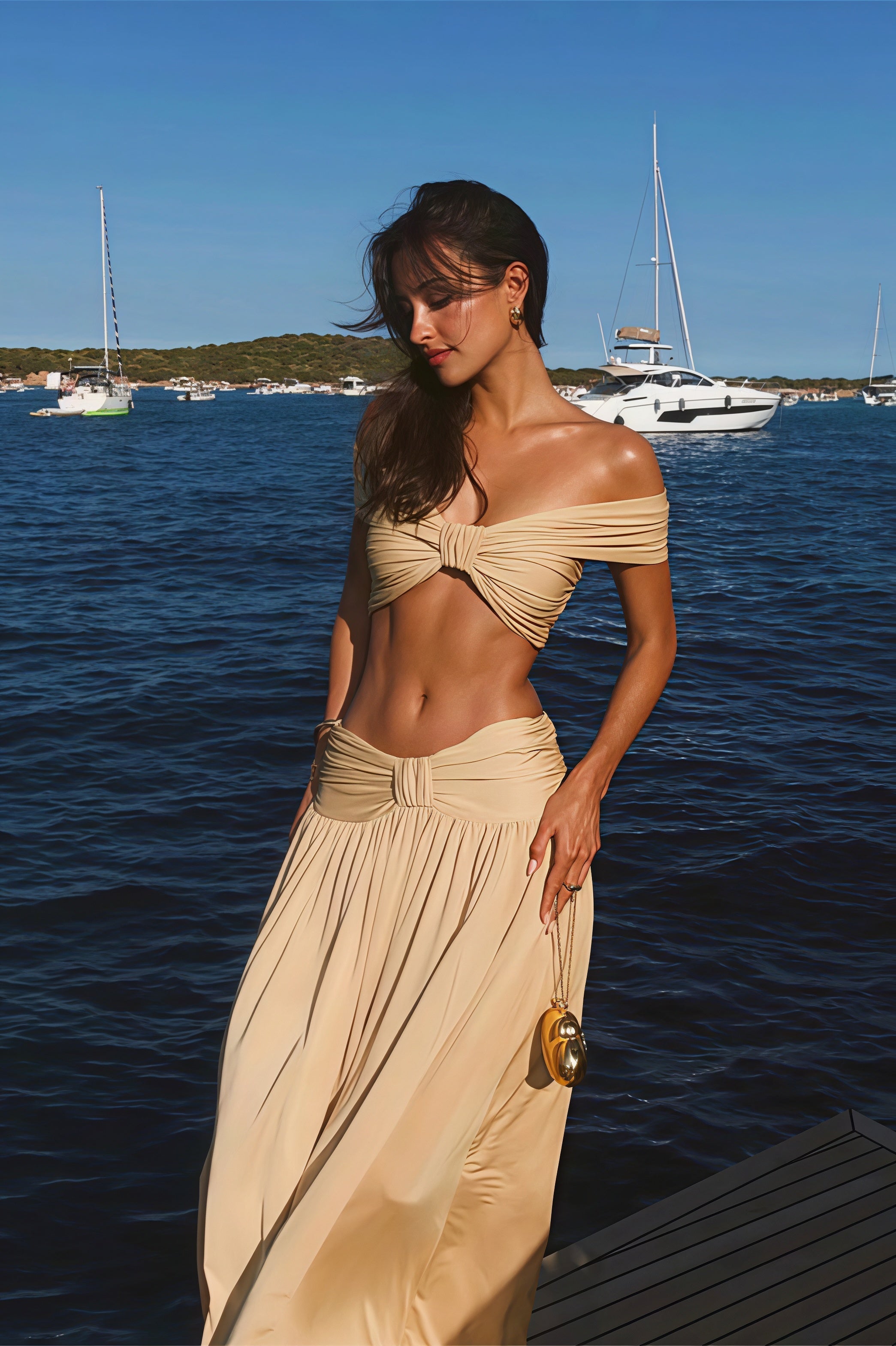 Elegant Gold Maxi Skirt Three Piece Swim Set