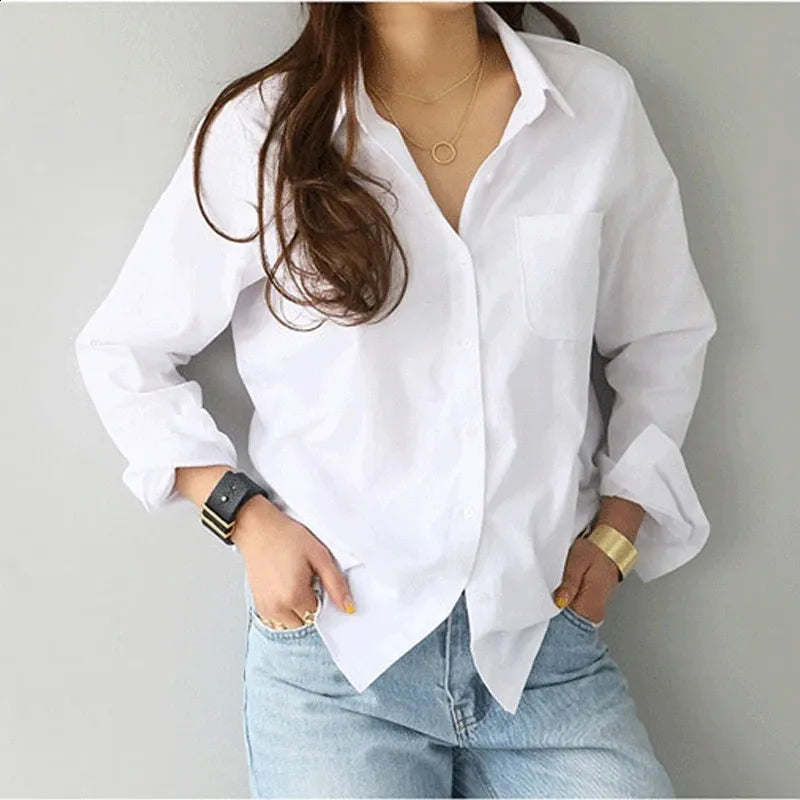 White Cotton Extended Sleeve Informal Women's Top
