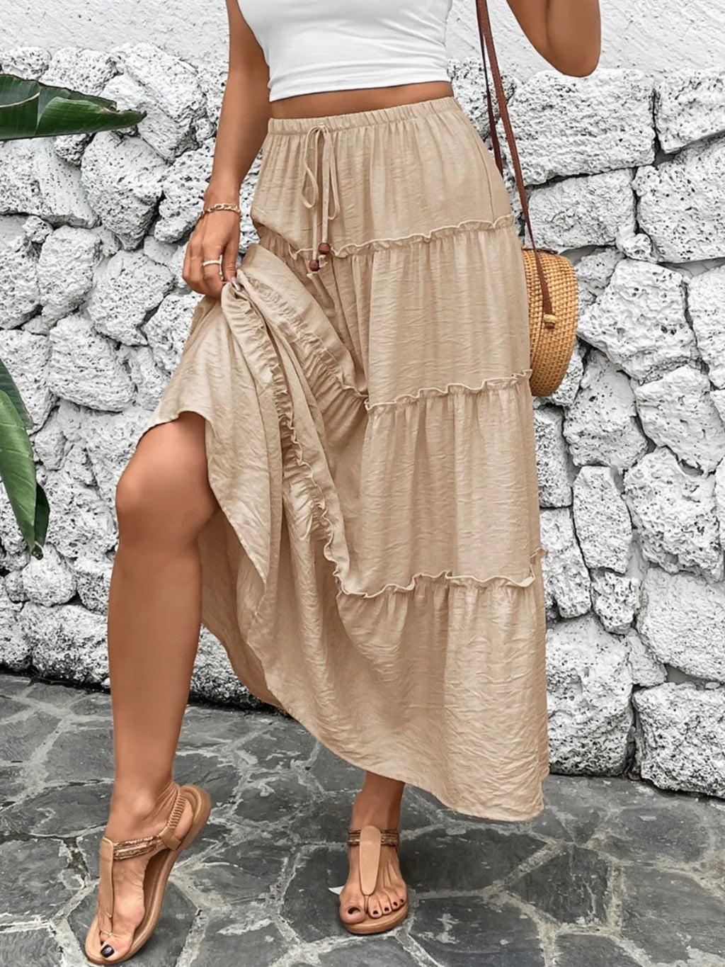 Tiered Ruffle Hem Elasticated Waist Boho Maxi Skirt