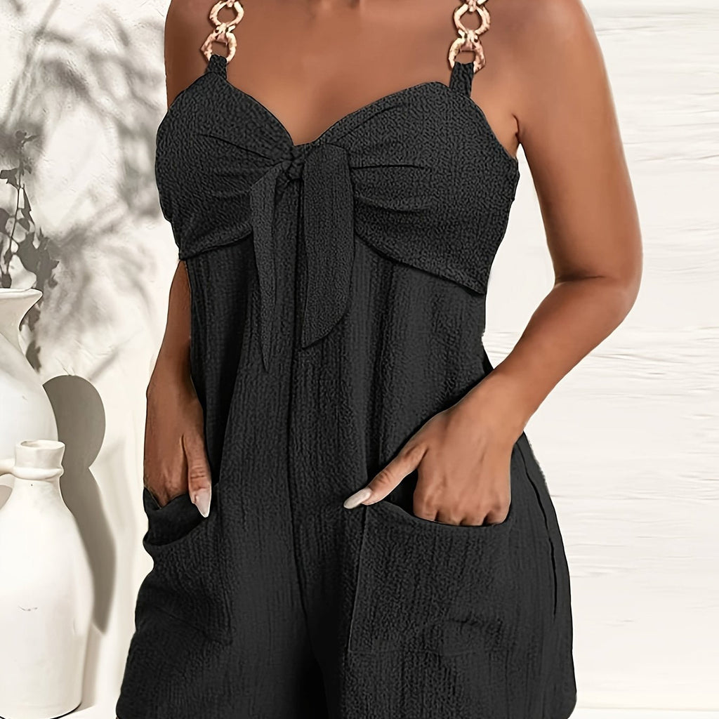 Chain Strap Bow Front Sweetheart Neck Textured Short Romper