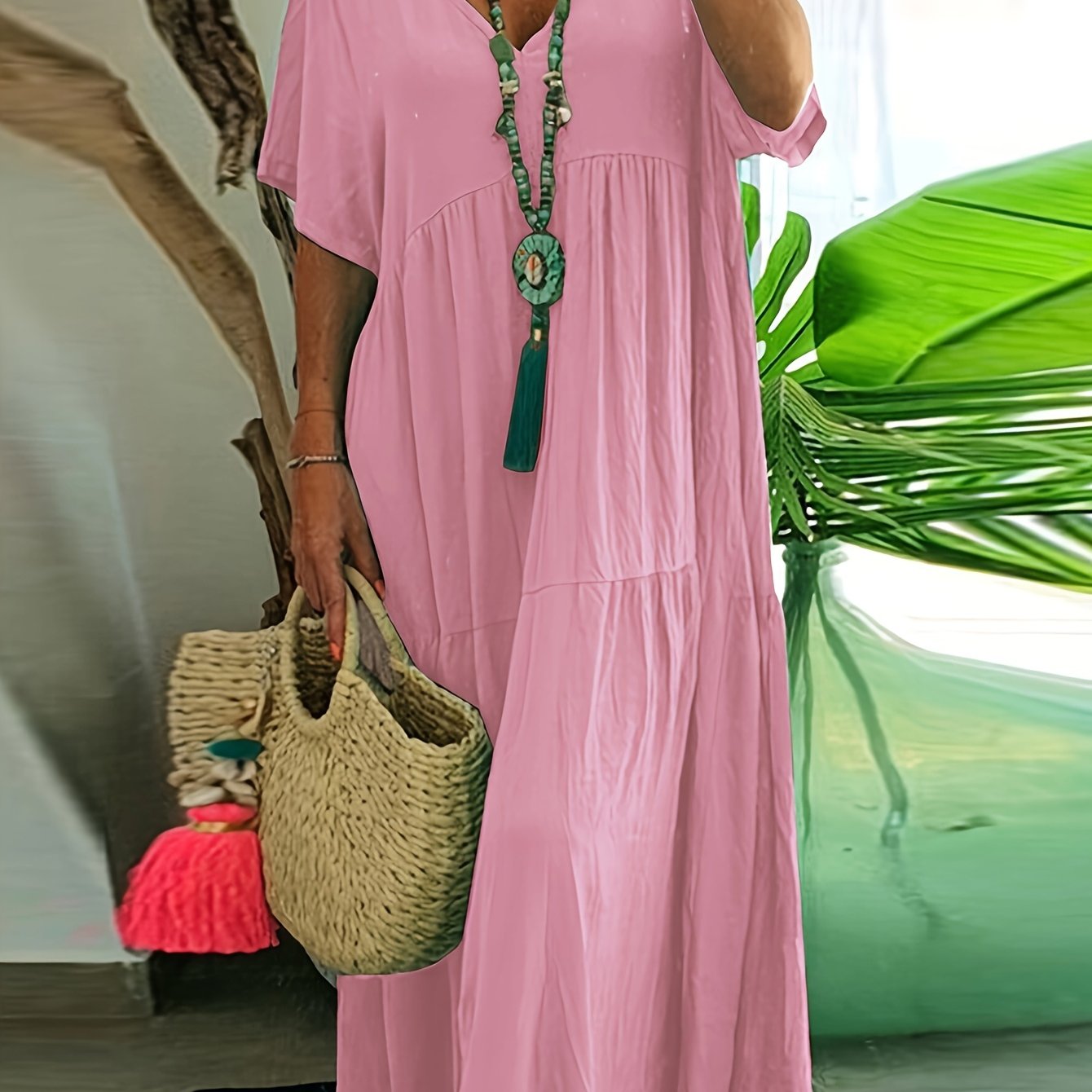 Flowy V Neck Tiered Cotton Maxi Dress for Plus Size