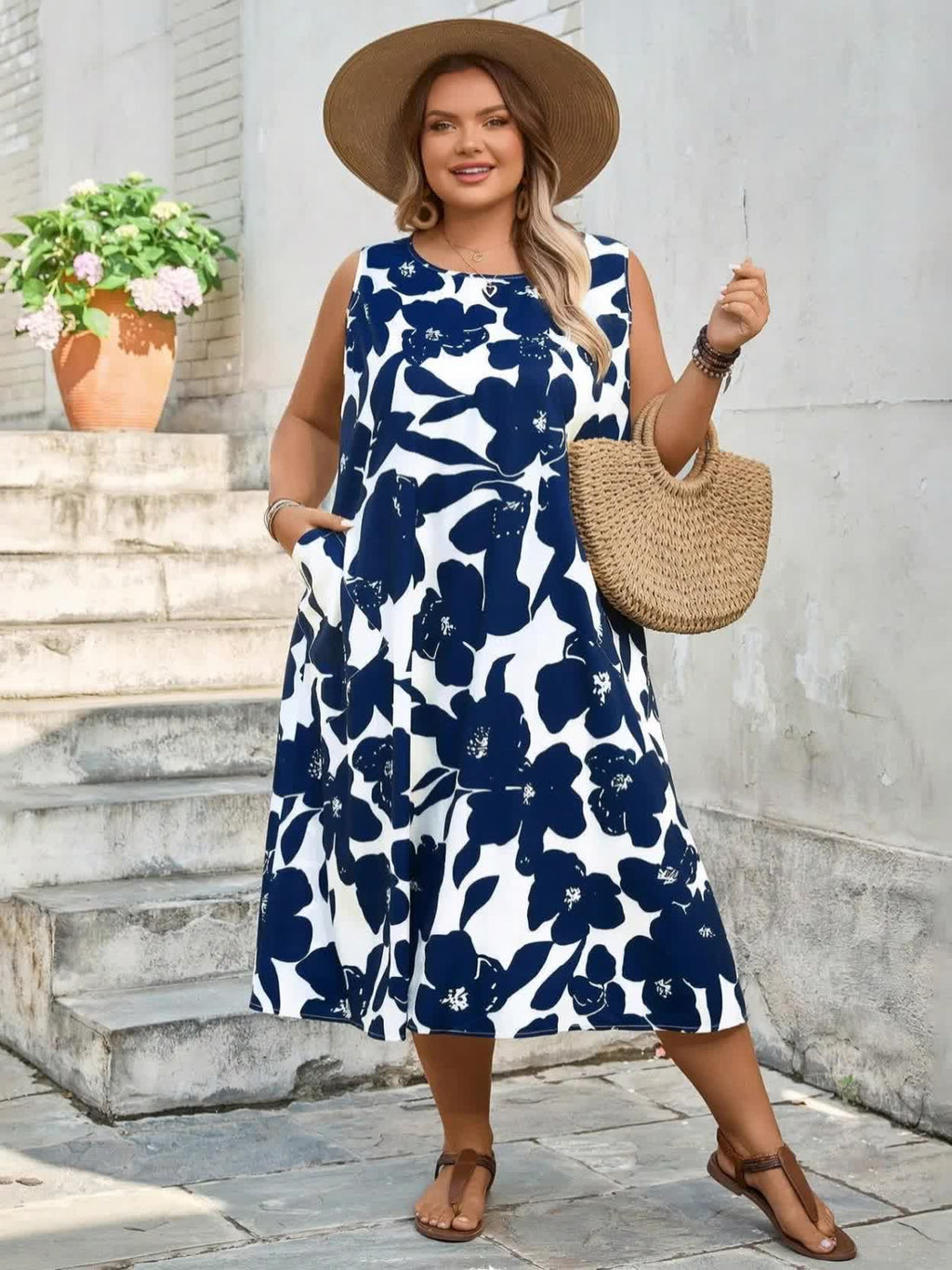 Plus Size Sleeveless Floral Midi Dress