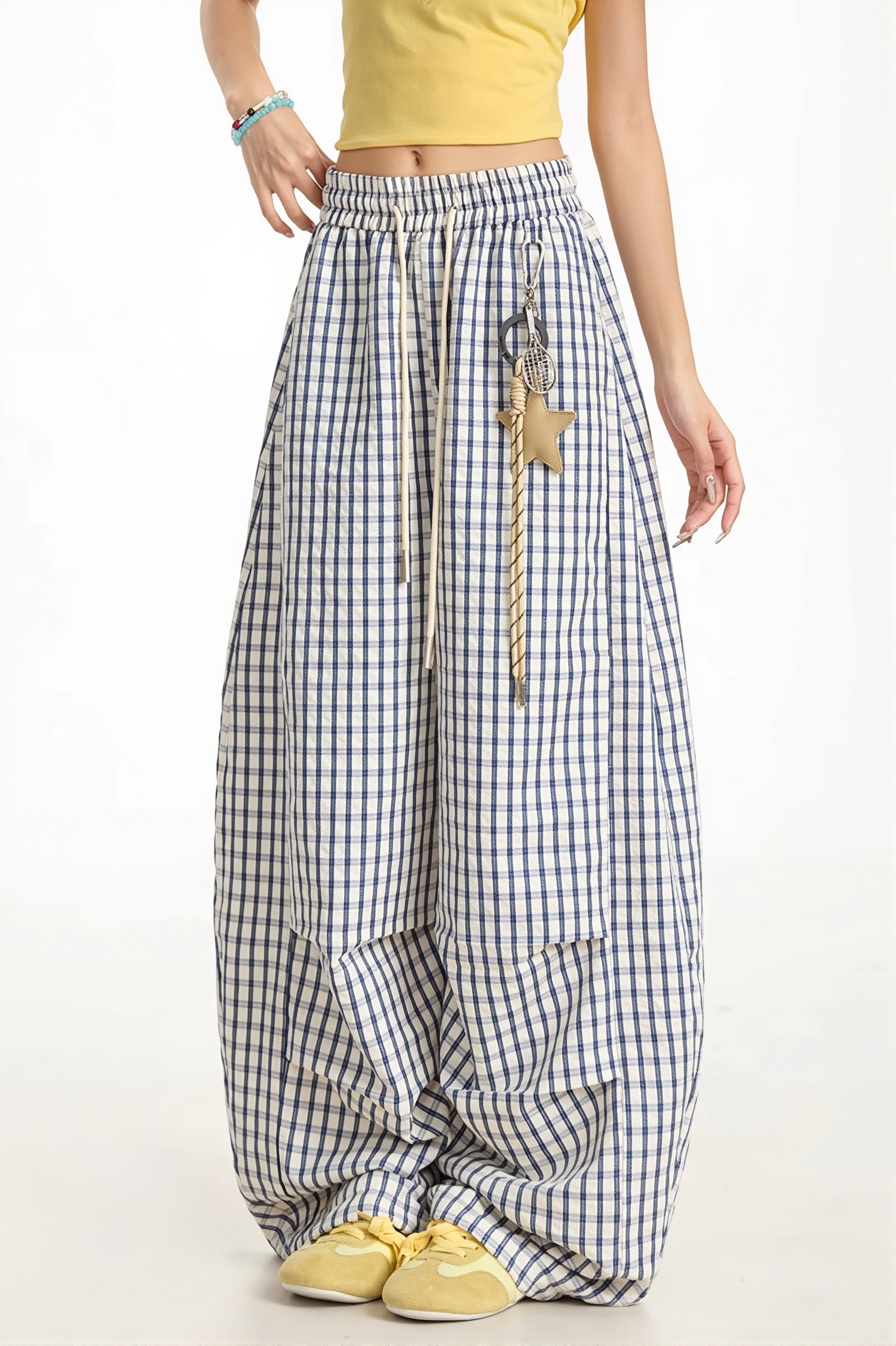 Casual Blue Plaid Curved Pants