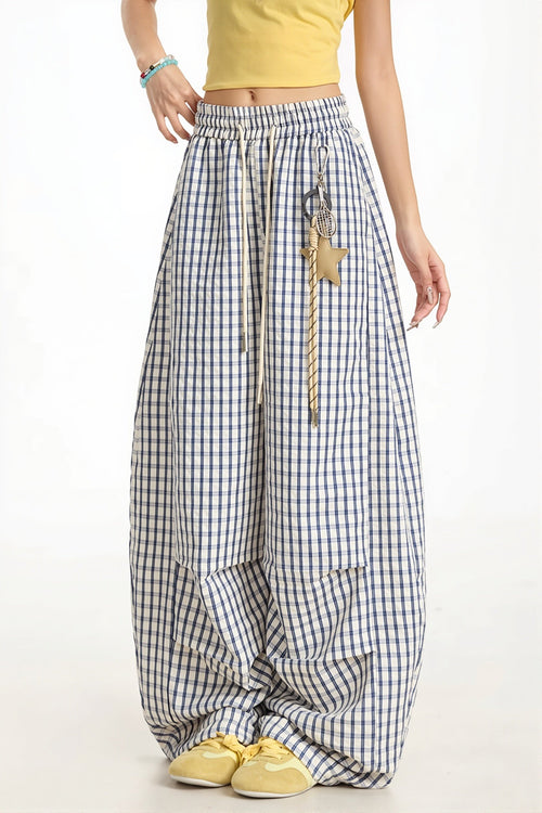Casual Blue Plaid Curved Pants