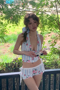 Striped Floral Halter Two Piece Swim Set