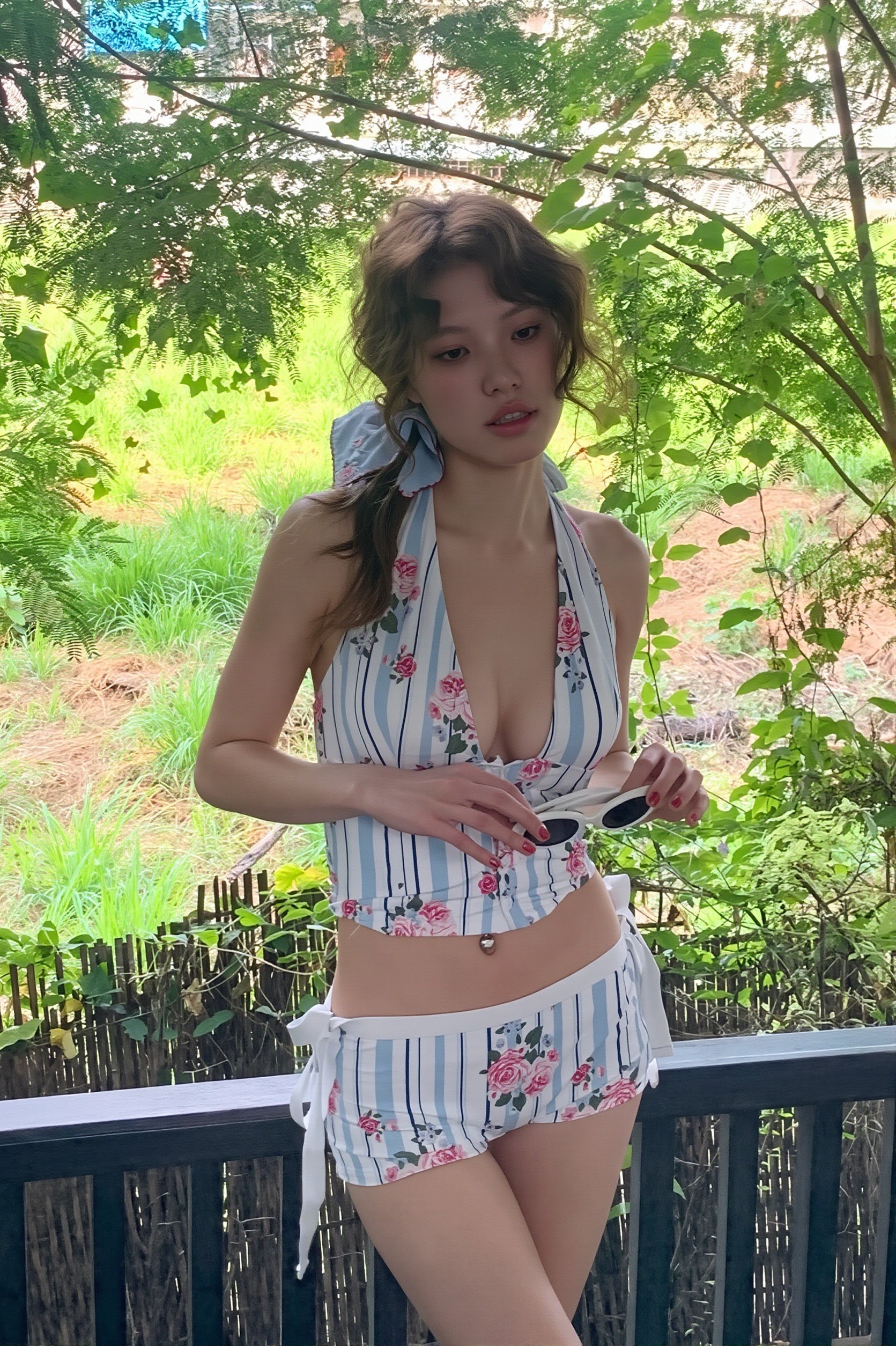 Striped Floral Halter Two Piece Swim Set