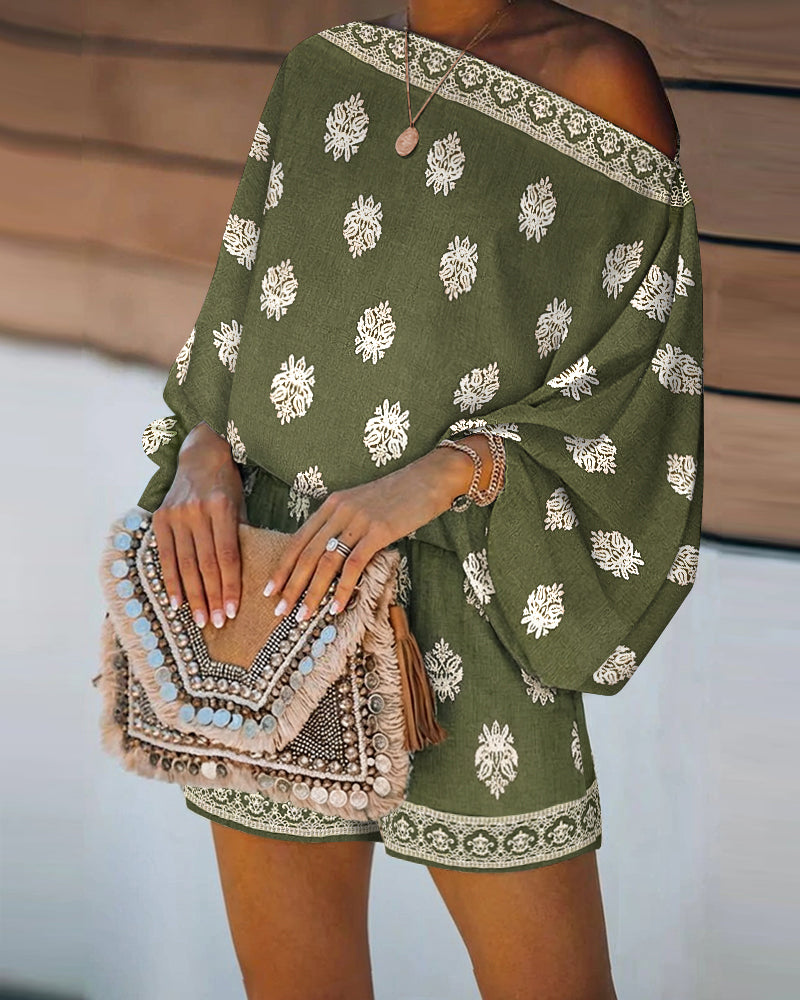 Paisley Print Off Shoulder Flare Sleeve Boho Two Piece Set