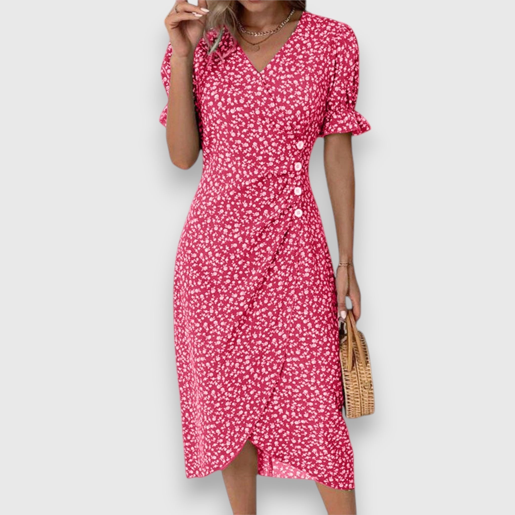 Ditsy Floral Puff Sleeve Button Side Split Midi Dress