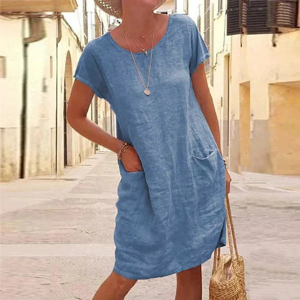 Cotton Linen Short Sleeve Pocket Casual Midi Dress