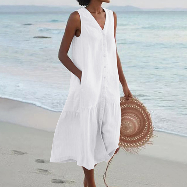 Button Front V Neck Sleeveless Ruffle Hem Casual Linen Midi Dress