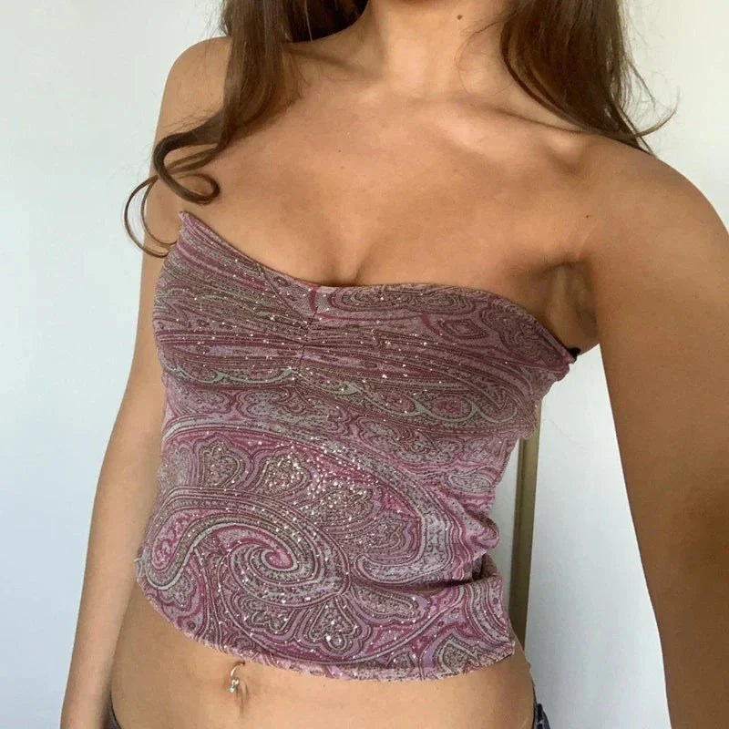 Retro Indie Graphic Print Ruched Strapless Fairycore Vintage Backless Crop Top