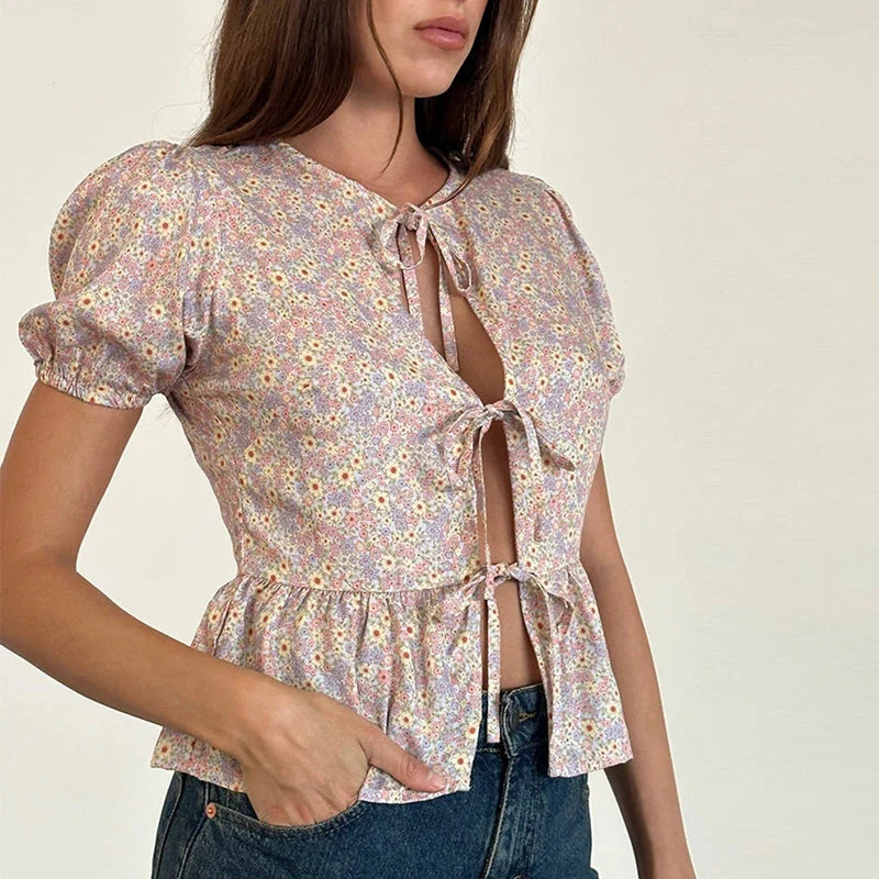 Puff Sleeve Bowknot Crop Top