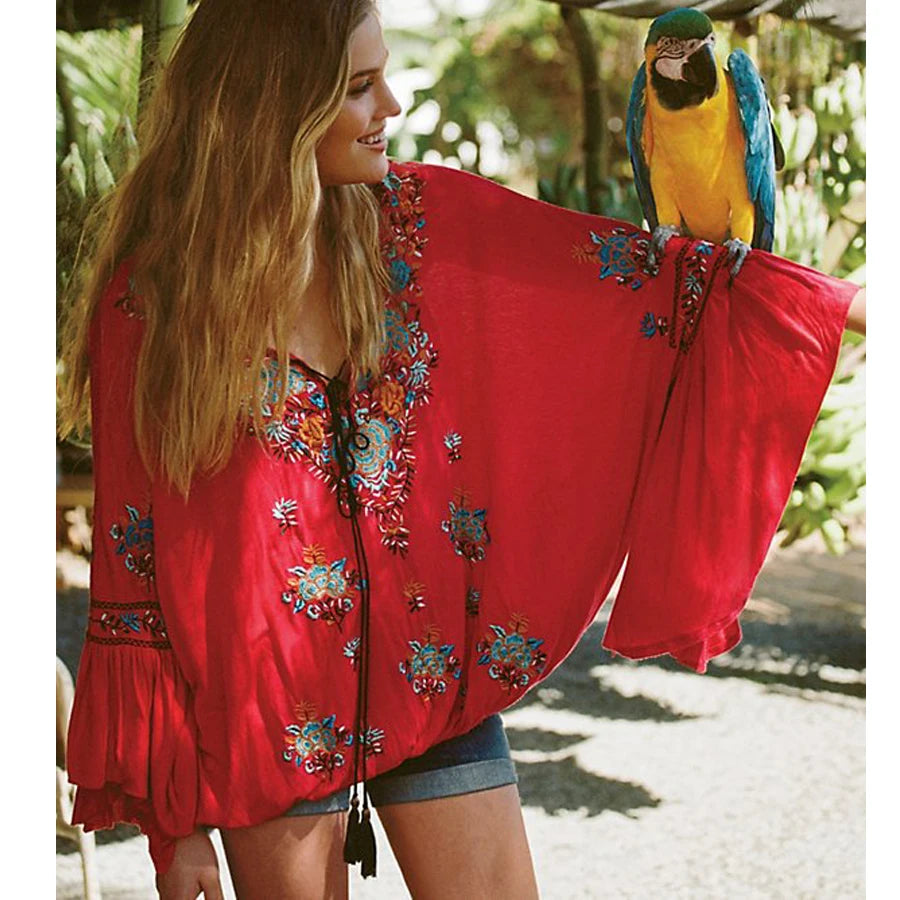 Flower Stitched Flare Sleeve V-Neck Informal Bohemian Blouse