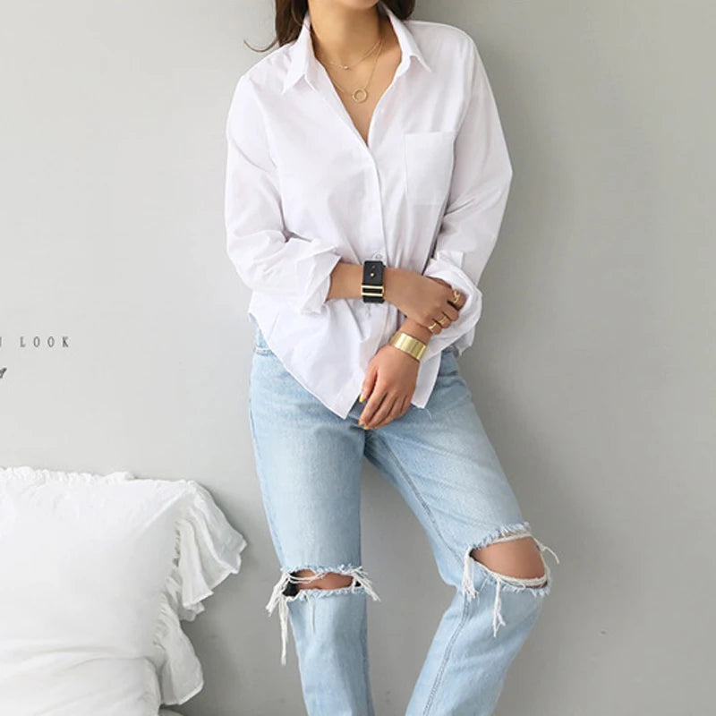 White Cotton Extended Sleeve Informal Women's Top
