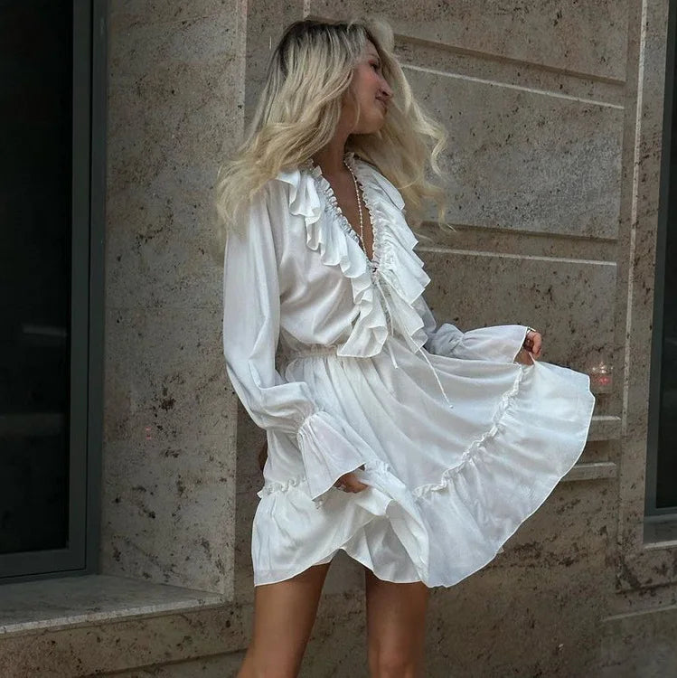 Solid Ivory Cotton Rayon Long Sleeve Frill Dress – view 4