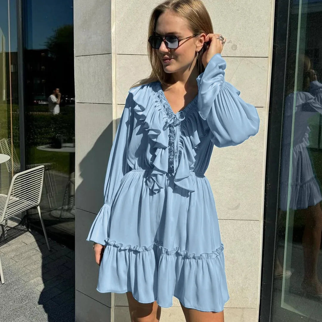 Solid Ivory Cotton Rayon Long Sleeve Frill Dress – view 7