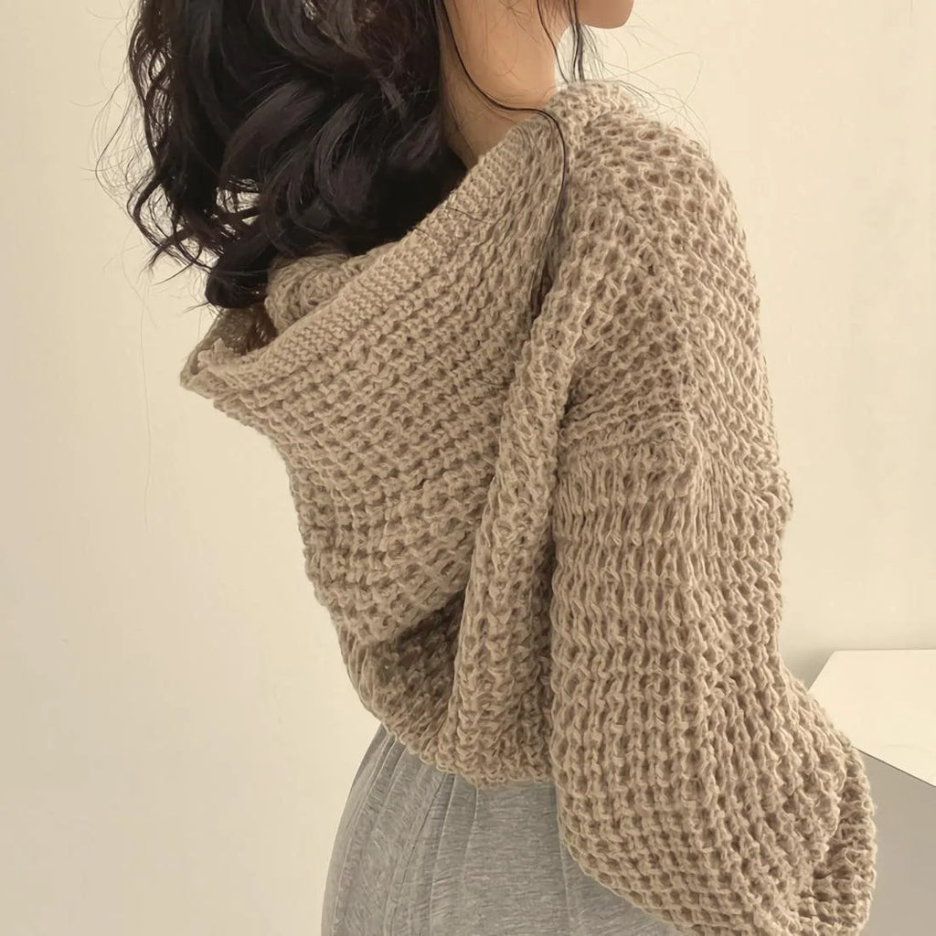 Short Hooded Perforated Knit Cardigan – view 5