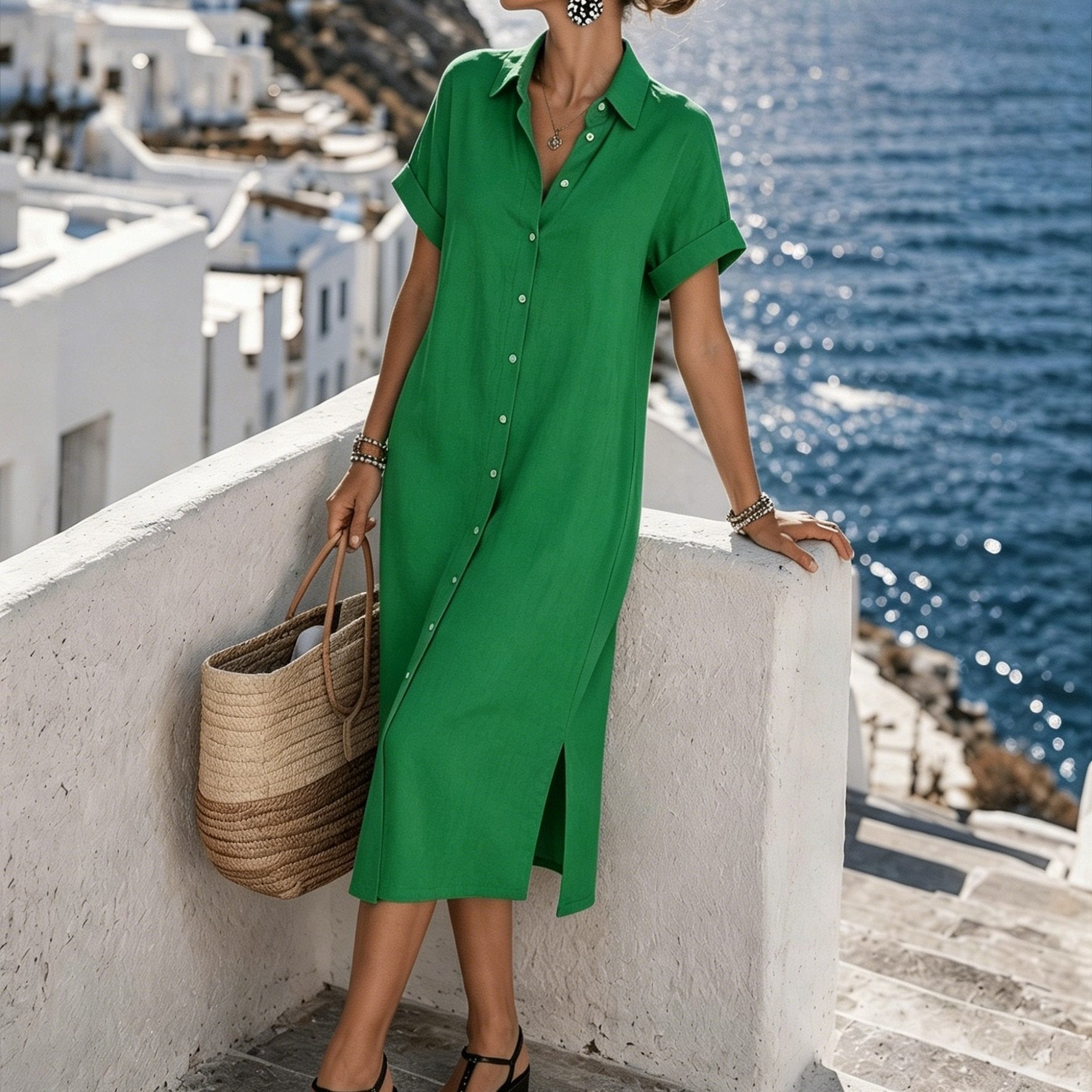 Button-Front Short Sleeve Shirt Dress for Vacation