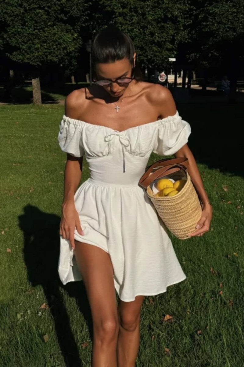 Off Shoulder Puff Sleeve Tie Mini Dress