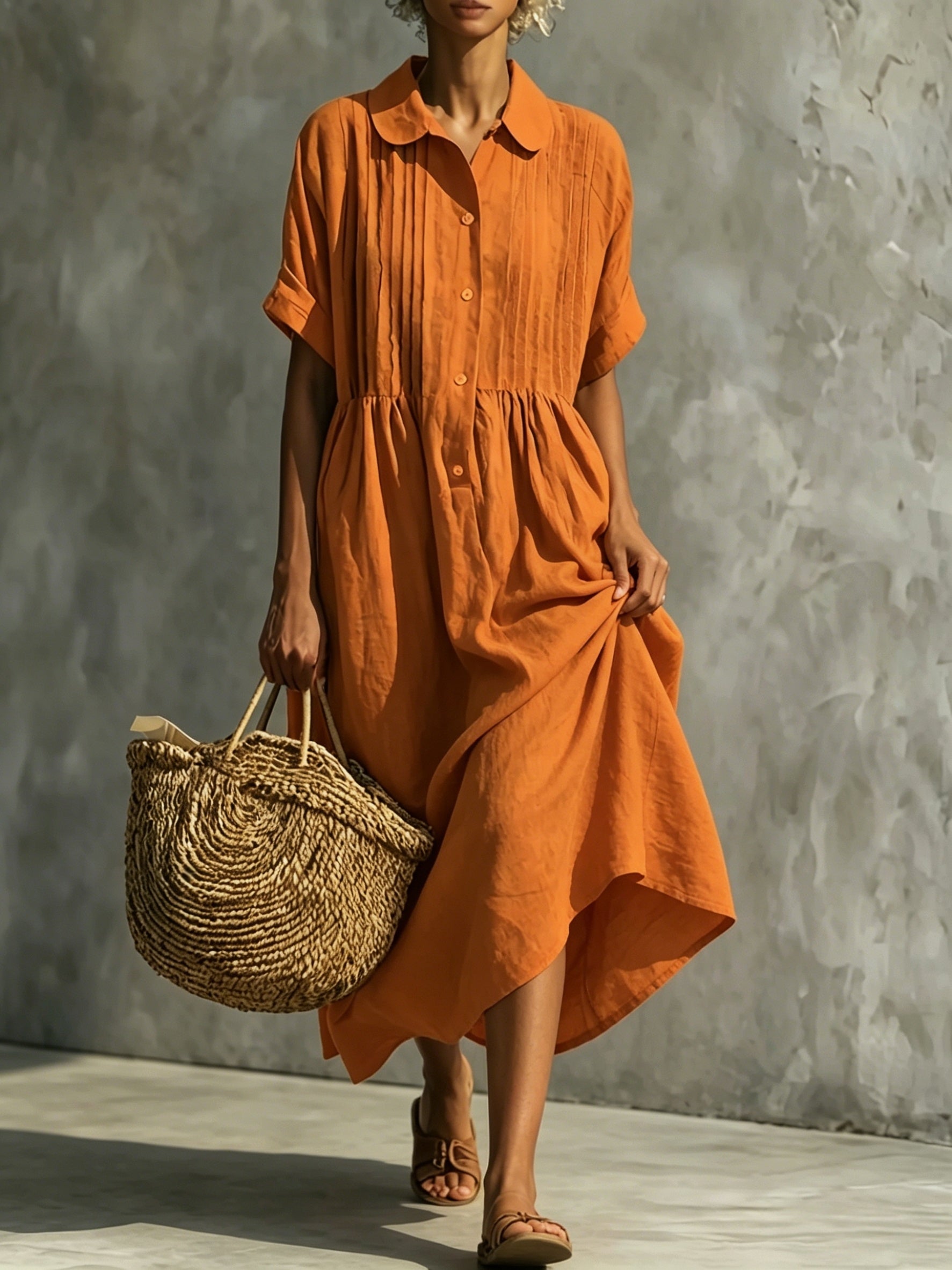 Pintuck Collared Casual Shirt Dress