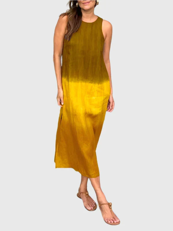 Ombre Dip Dye Sleeveless Scoop Neck Relaxed Linen Midi Dress