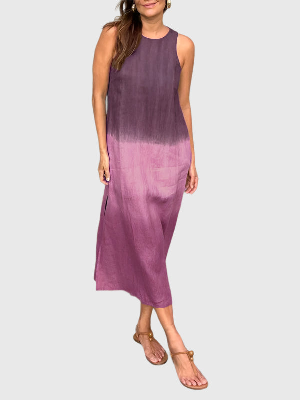 Ombre Dip Dye Sleeveless Scoop Neck Relaxed Linen Midi Dress