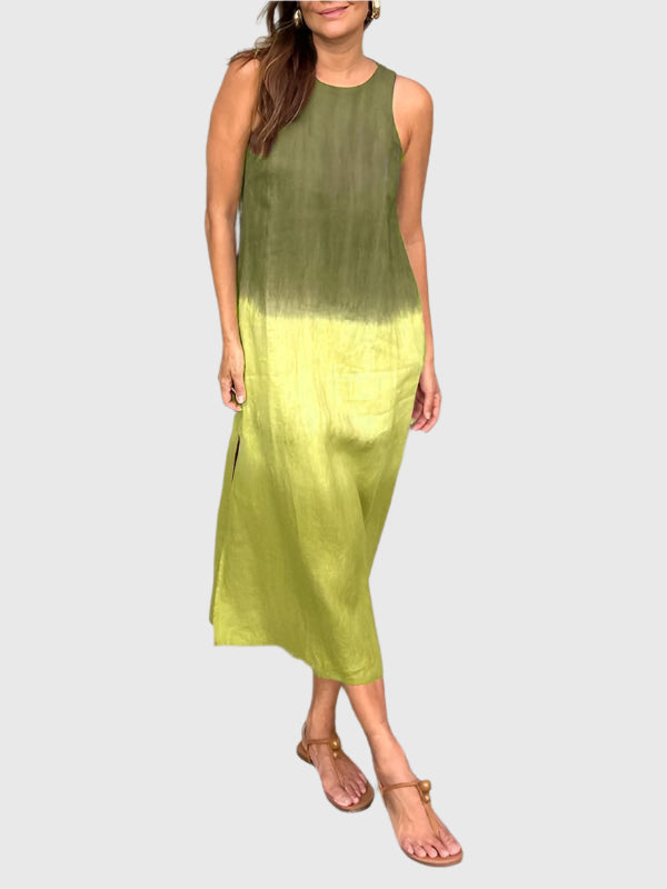 Ombre Dip Dye Sleeveless Scoop Neck Relaxed Linen Midi Dress