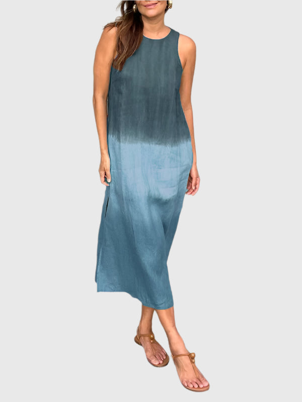 Ombre Dip Dye Sleeveless Scoop Neck Relaxed Linen Midi Dress