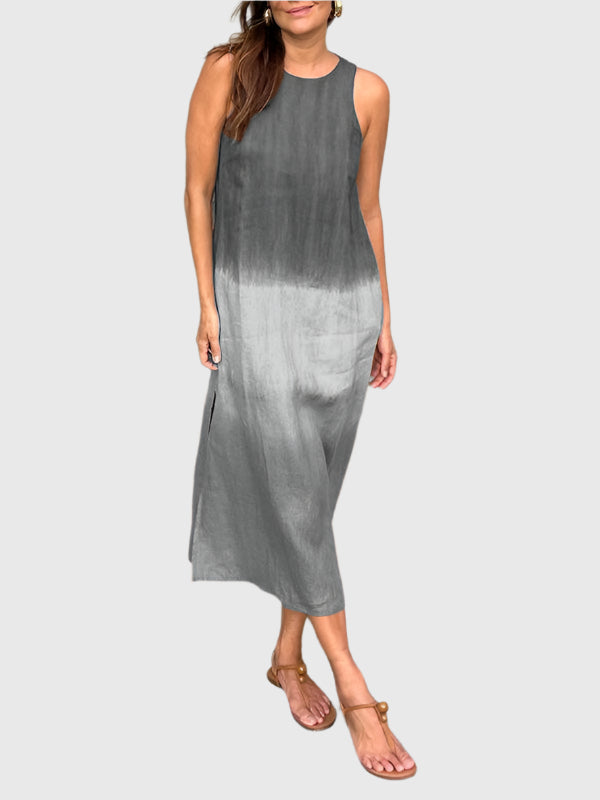 Ombre Dip Dye Sleeveless Scoop Neck Relaxed Linen Midi Dress