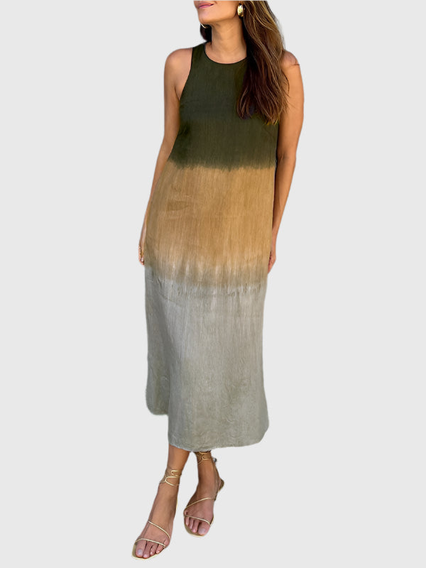 Ombre Dip Dye Sleeveless Scoop Neck Relaxed Linen Midi Dress