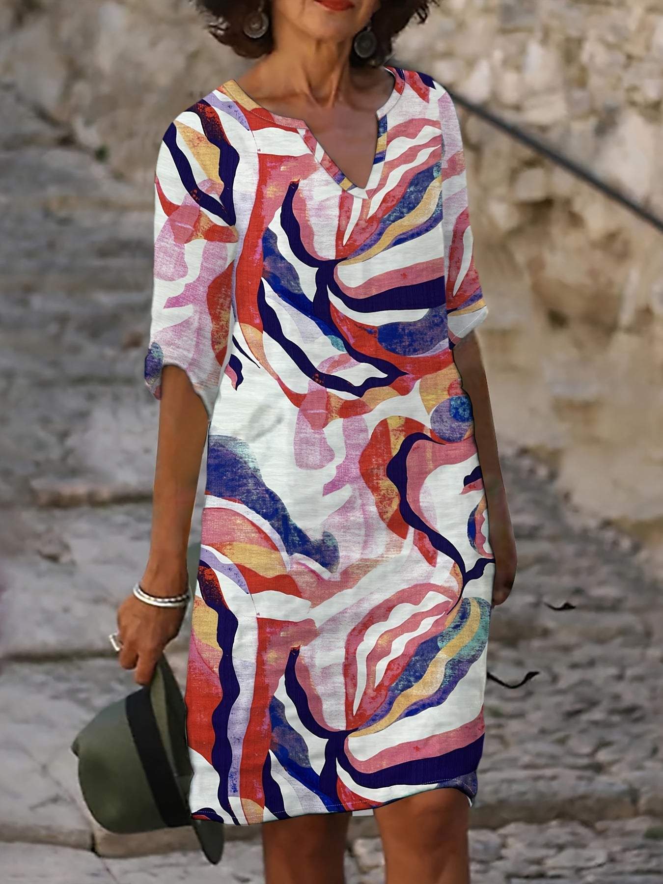 Women's Spring/Autumn Casual Straight-Leg V-Neck Printed Dress