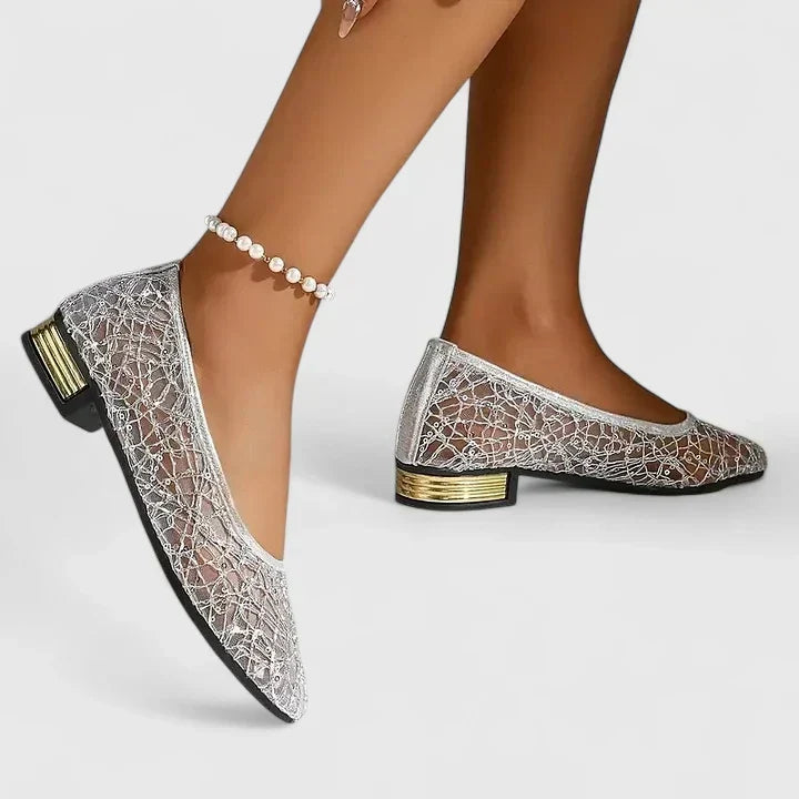 Sequin Lace Mesh Pointed Toe Gold Heel Ballet Flat