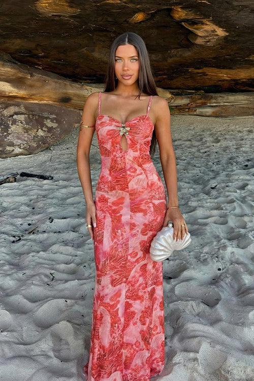 Beach Halter Print Cut Out Stretchy Maxi Dress