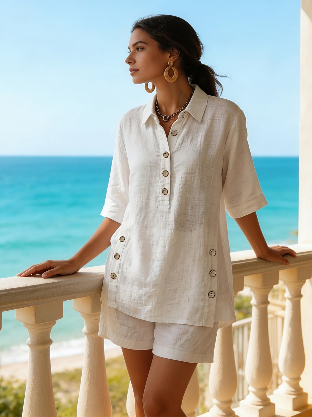 Linen Button Detail Collared Top and Short Set