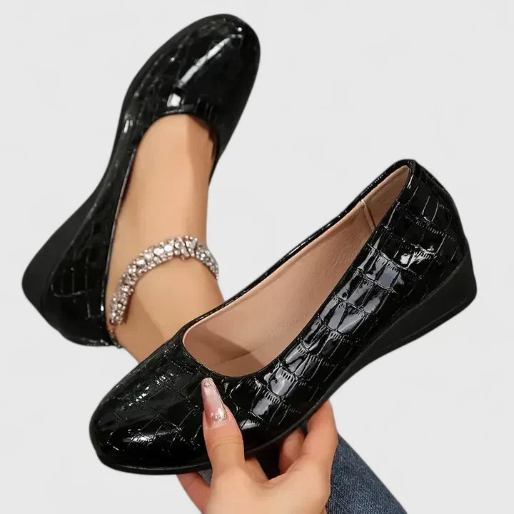 Croc Embossed Patent Square Toe Wedge Loafer