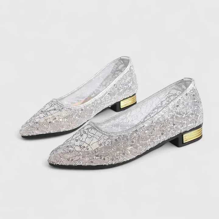 Sequin Lace Mesh Pointed Toe Gold Heel Ballet Flat