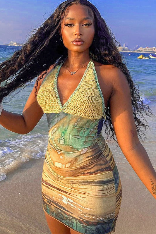 Printed Knit Deep V Halter Mini Dress