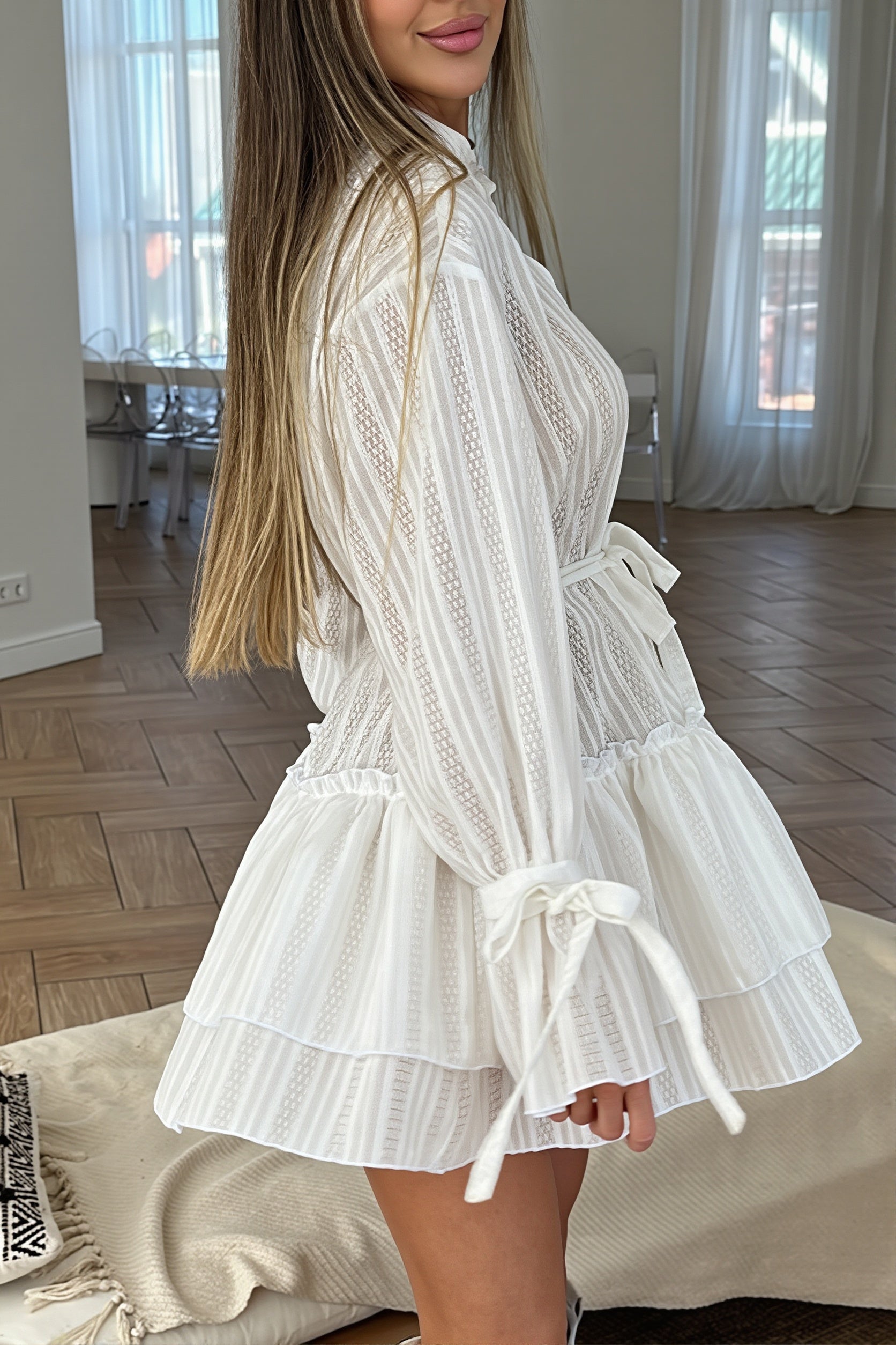 Lace Stand Collar Ruffled Mini Dress