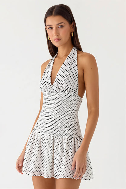 Sexy Polka Dot Halter Open Back Lace Up Cinched Mini Dress