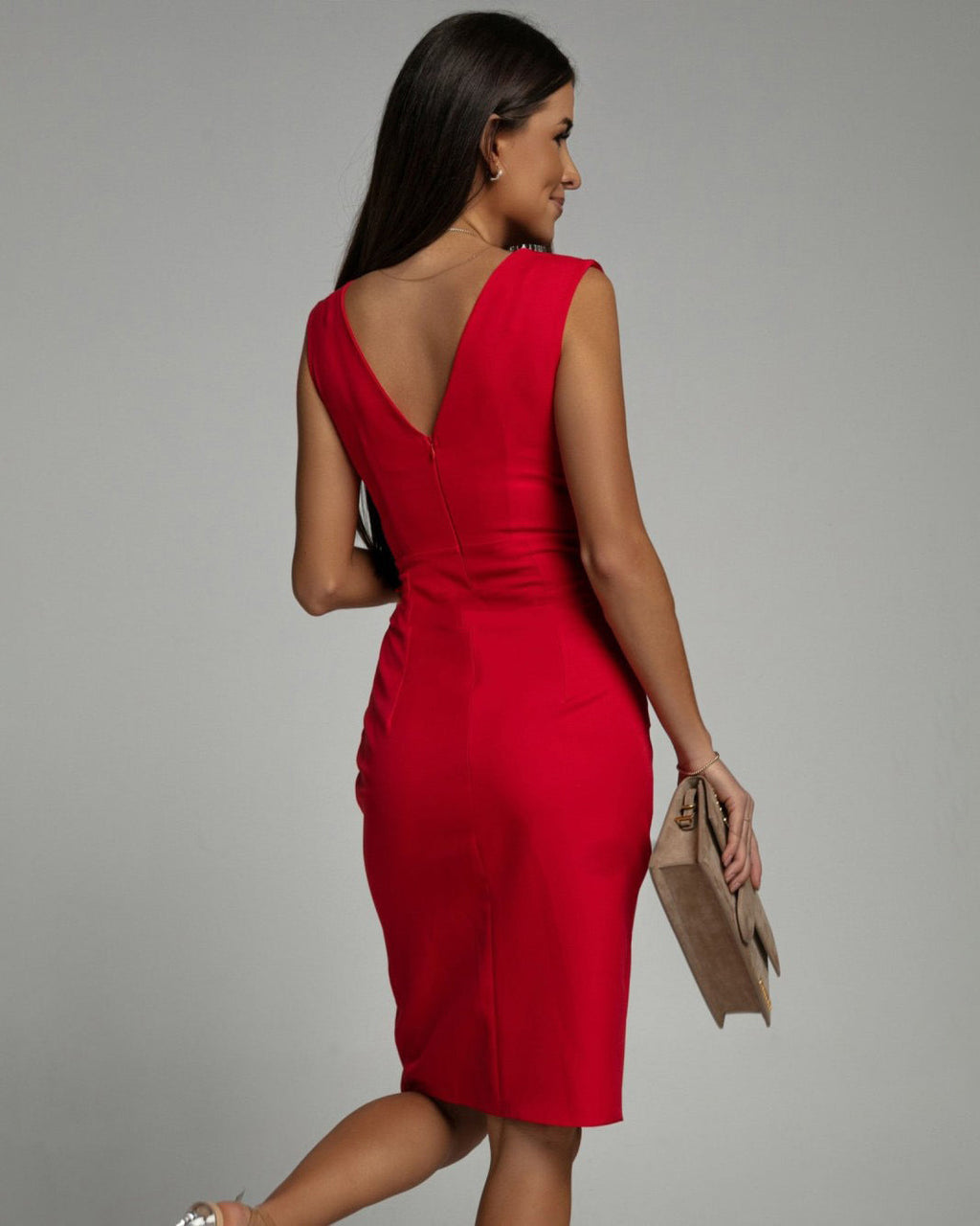 Pleated Shoulder Ruched Bodycon V Neck Split Mini Dress - Cocktail Party