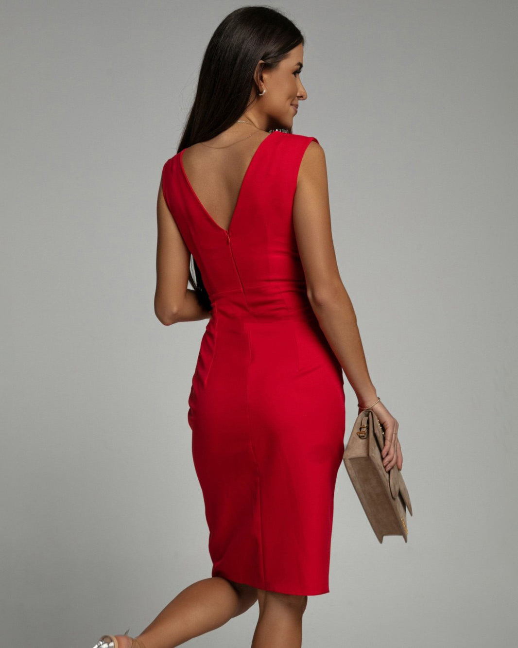 Pleated Shoulder Ruched Bodycon V Neck Split Mini Dress - Cocktail Party